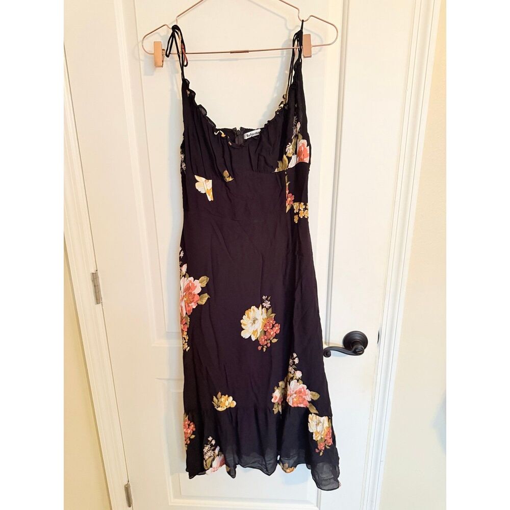 Reformation Dress Womens 12 Black Floral Juliette Tie Strap Ruffle Midi Viscose - Picture 5 of 9